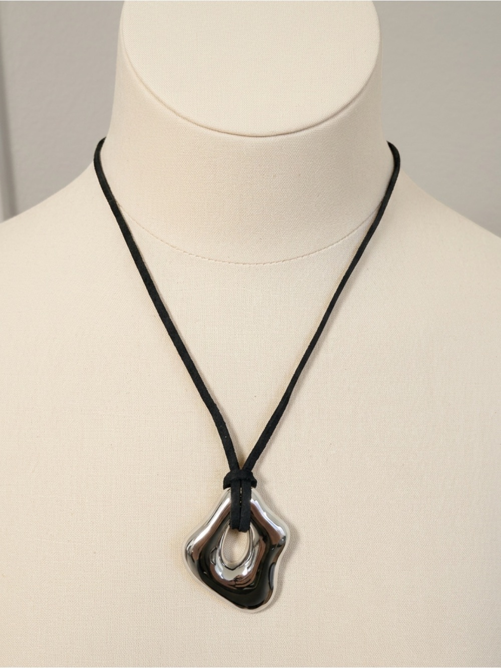 Modern Silver tone Pendant Necklace on Black Cord
